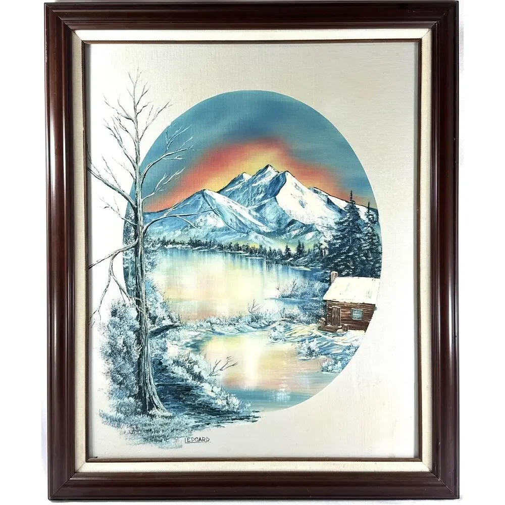 Oil Painting Winter At Dawn Cabin On Pond Signed Margaret Peggy Ledgard 1988 - Picture 3 of 10